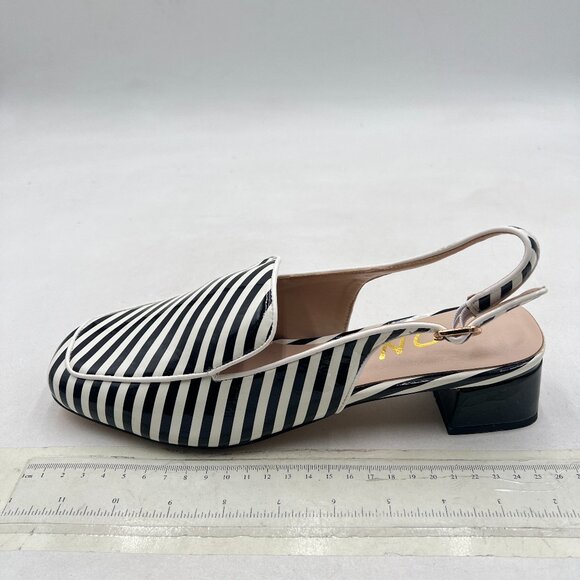 YDN Black Stripe Square Toe Block Low Heels Slingback Formal Loafer Dressy Pump - Picture 2 of 8